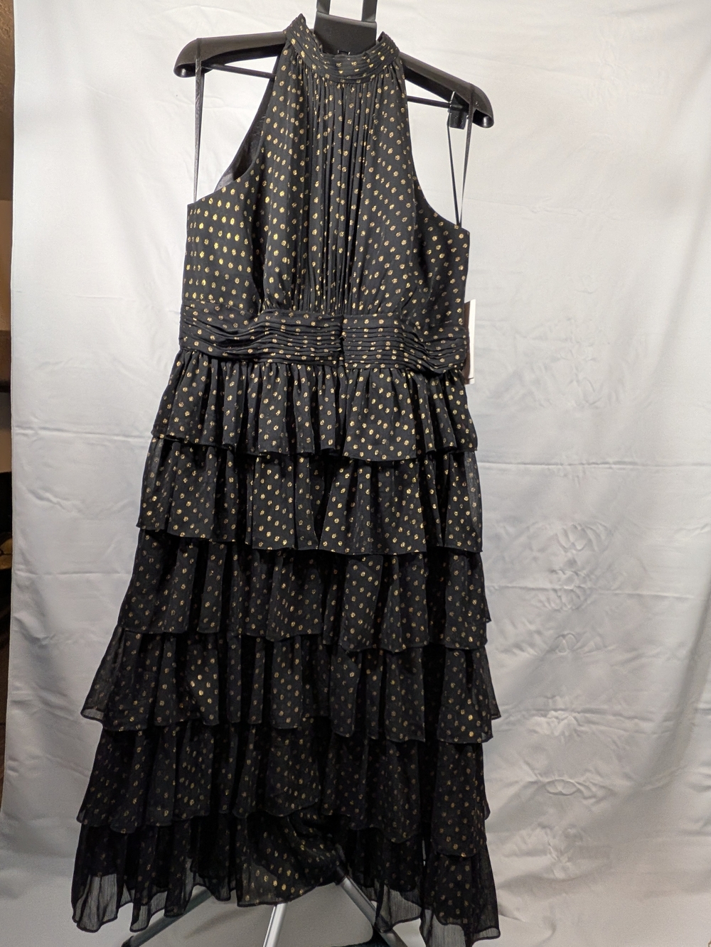 NWT Size 14 Mac Duggal Black and Gold Layered Polka Dot Halter Dress